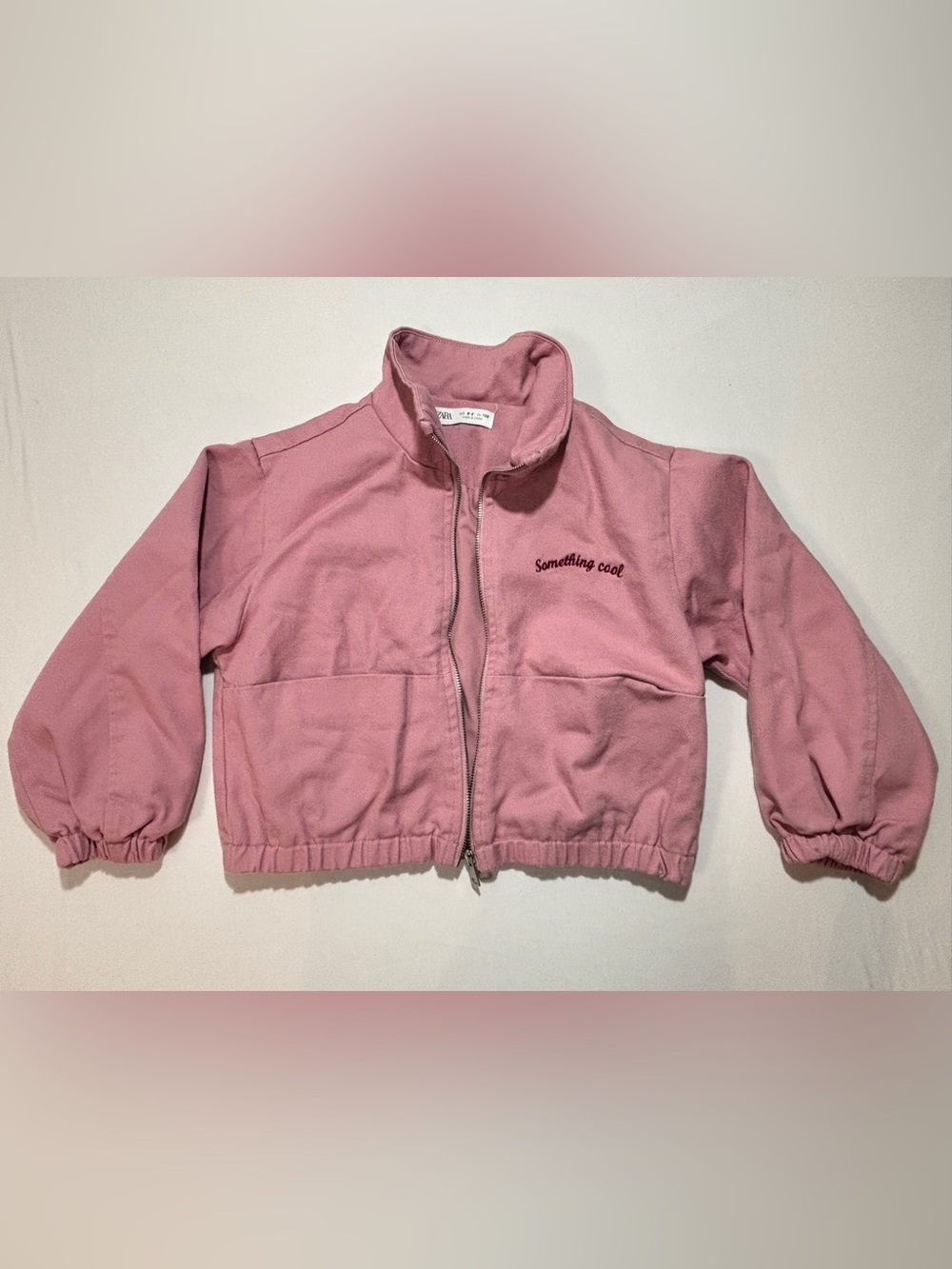 ZARA Girls Pink Cropped Zip Up Jacket Size 8/9 Embroidered Graphic